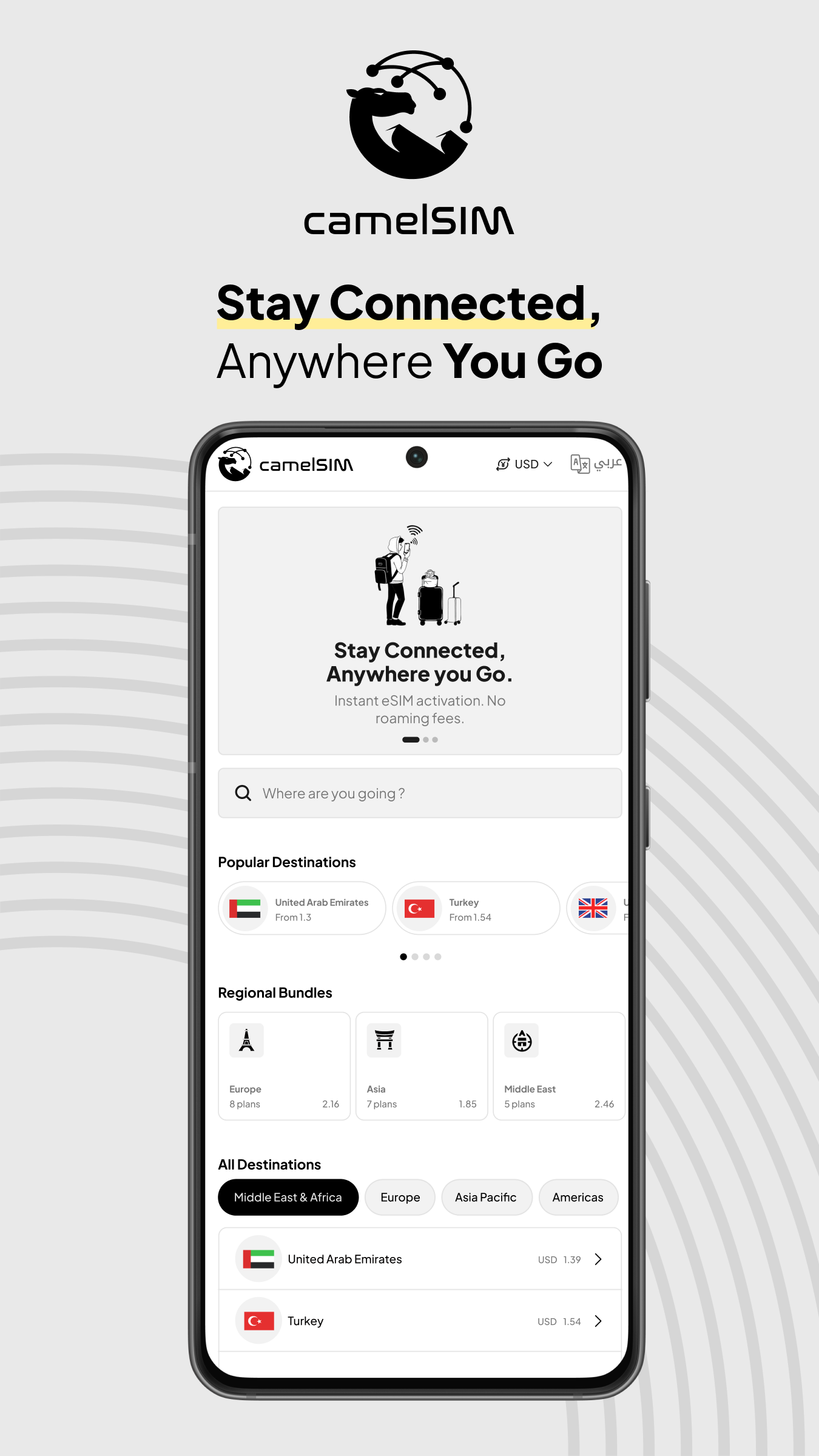 CamelSim app home screen — choose your destination and plan